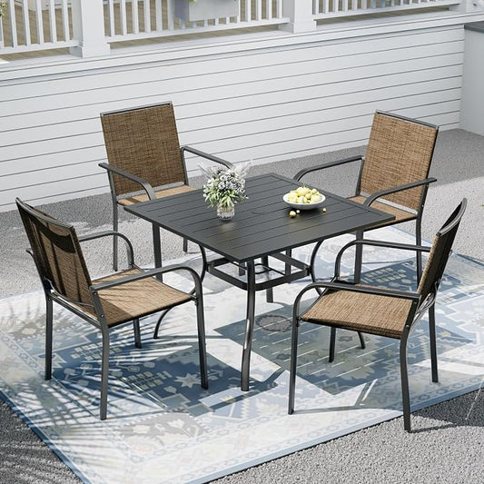 Outdoor Patio Furniture Set,4 Piece Stackable Patio Chairs and 35" Steel Dining Table with 1.6" Umbrella Hole,Suitable for All-Weather