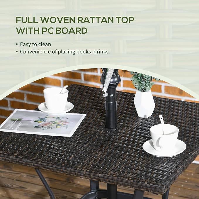 Outsunny Patio Wicker Dining Table with Umbrella Hole, 34 Inch Outdoor PE Rattan Coffee Table with Plastic Board Under The Woven Table Top for Patio, Garden, Balcony, Mixed Brown