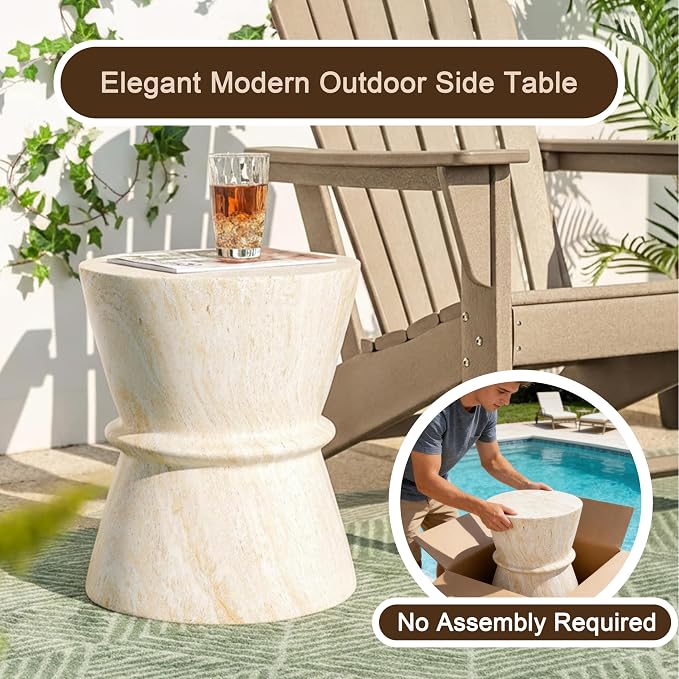 Merax Hourglass Shape Outdoor Side Table, Concrete Contemporary Lightweight Accent Table with Simulated Stone Texture, Outdoor Accent End Table for Livingroom, Garden, Beige+Yellow