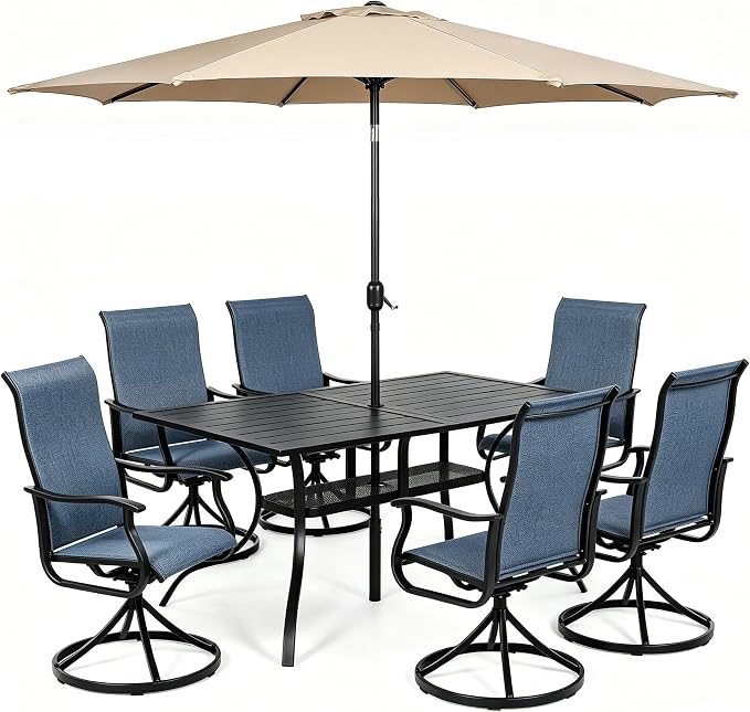 Crownland 7 Piece Furniture Patio Dining Set with Champagne Umbrella, 6 Swivel Metal Chairs and Rectangular Outdoor Dining Table, Outdoor Furniture Dining Set for Lawn, Backyard, Garden(Blue)