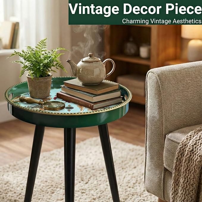 Small Round Side Table - 13 Inch Emerald Green Boho End Table with Vintage Cheetah Pattern Tray - Unique Tropical Accent Table with Moisture-Resistant Wrapped Legs for Living Room & Bedroom