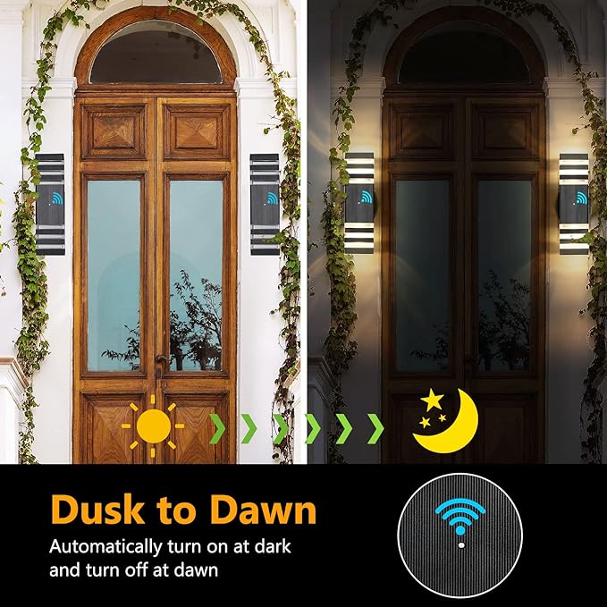 1 Pack Dusk to Dawn Outdoor Wall Lights Fixture, Up and Down LED Outdoor Wall Sconce Porch Lights, IP65 3000K Warm White Matte Black Exterior Lights for House Garage Front Porch