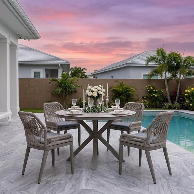 PURPLE LEAF 5 Pieces Round Dining Set Patio Aluminum Modern Oversize Round Table and Wicker Chairs with Cushions for Kitchen Porch Garden Outdoor Furniture Sets, Light Grey