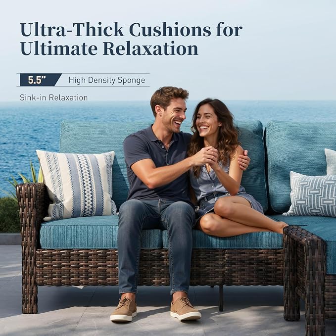 Patio Furniture Set with Swivel Chairs, High Back Wicker Rattan Furniture with 5.5" Thick Cushions & Fire Pit Table, All Weather Outdoor Conversation Set for Backyard Deck, 4 Seats, Blue