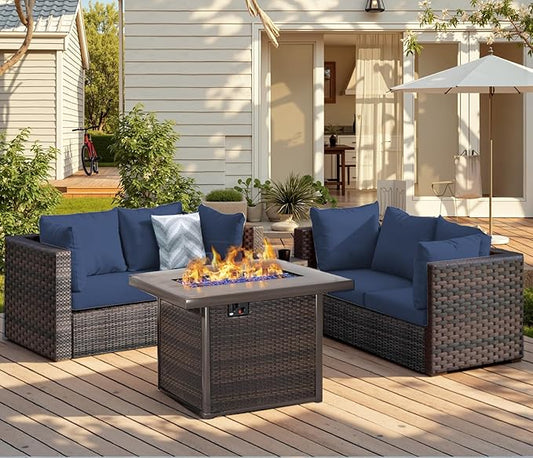 5 Piece Patio Furniture Set with Fire Pit Table, All Weather PE Rattan Outdoor Sectional Sofa Couch with 4 x arm Sofa, No-Slip Cushions for Garden, Poolside, Backyard (Blue)