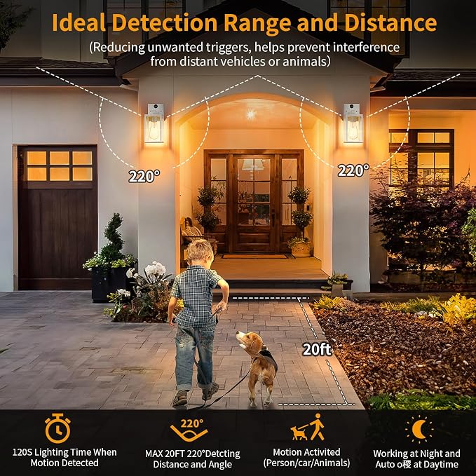 2 Pack Silver Motion Sensor Outdoor Light Fixtures Wall Mount, Dusk to Dawn Front Porch Lights for House, Exterior Wall Sconce, Waterproof Lantern Lamp,Outside Coach Light for Garage Entryway Yard