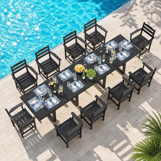 WACASA 12-Piece HDPE Outdoor Dining Set for 10, All-Weather Poly Lumber Patio Table and Chairs with Umbrella Hole, Steel-Reinforced Heavy-Duty Furniture, Black