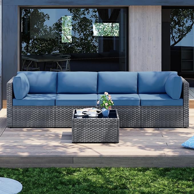 Patio Furniture Sets, 5 Piece Outdoor Sectional Sofas, Wicker Rattan Outdoor Furniture Patio Conversation Set, All-Weather PE Rattan Outdoor Couch for Backyard, Garden, Gray & Aegean Blue
