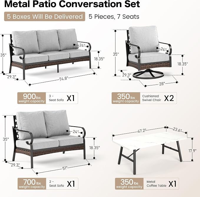SUNSHINE VALLEY 5 Piece Metal Outdoor Patio Furniture Set, Patio Conversation Sets 1 3-Seater Sofa, 2-Seater Sofa, 2 Swivel Sofa with 5.75" Cushion & Coffee Table Black Backyard Furniture, Light Gray