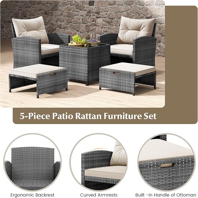 COSTWAY 5-Piece Rattan Conversation Set, Outdoor Wicker Sofa, Tempered Glass Coffee Table & Ottomans for Small Space, Boho Chic Indoor/Outdoor Furniture Set for Poolside, Backyard, Deck (White)