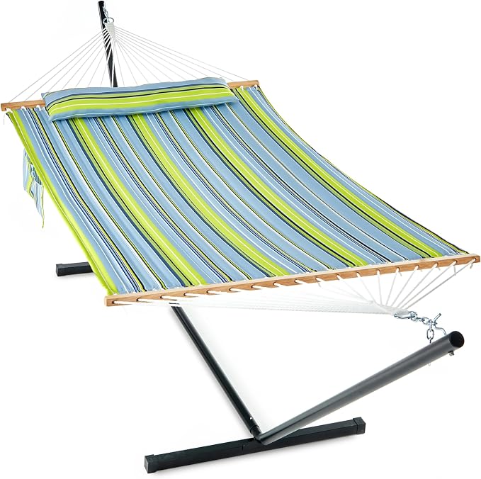 GAFETE 2 Person Hammock with Stand for Outside, Heavy Duty Steel Stand, 55inch Double Hammocks, Large Removable Pillow, Storage Bags, Max 475 lbs Capacity (Sapling Green)