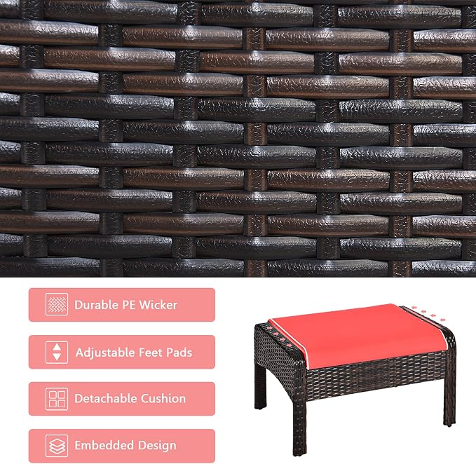 DORTALA 5 Pieces Patio Furniture Set, Outdoor Rattan Conversation Set with Cushions, Glass Table, Ottomans & Chairs, Wicker Sofa Set Backyard Porch Garden Balcony, Red