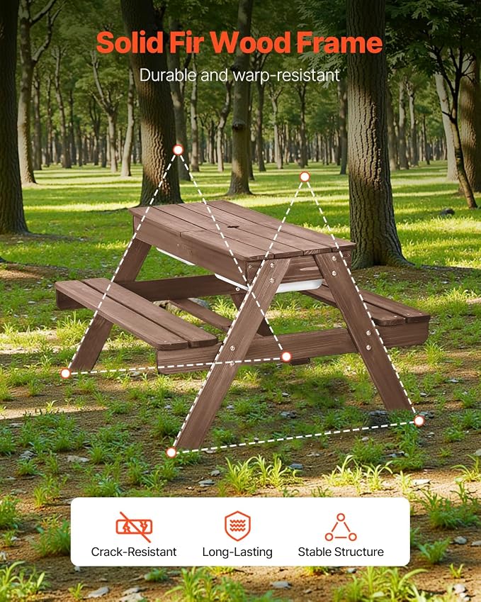 VEVOR Kids Picnic Table with Umbrella, 3-in-1 Sand & Water Table, Outdoor Wooden Table and Bench Set with 2 Trays, 4-People Patio Dining Furniture for Garden, Backyard and Porch (Walnut)
