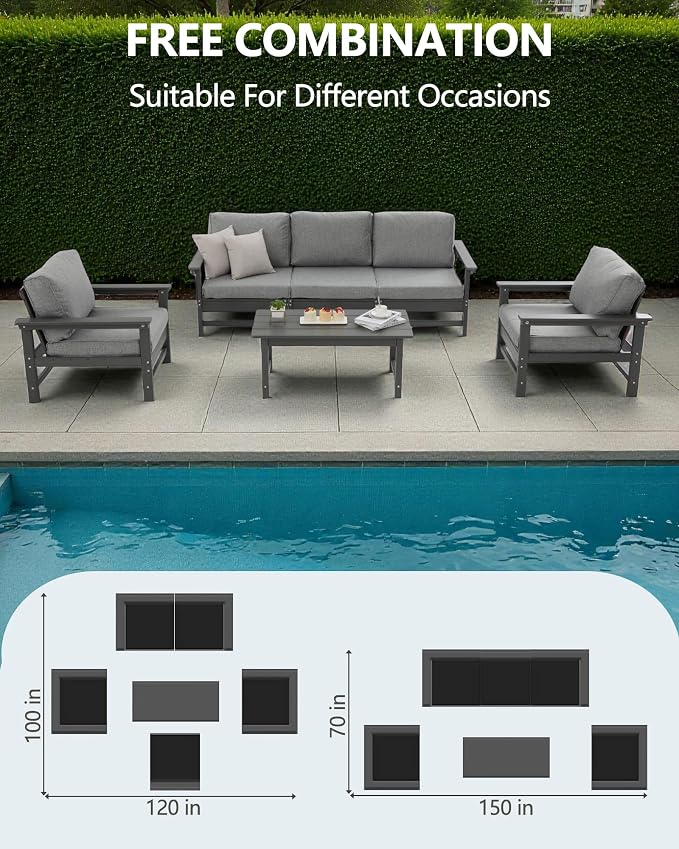 HDPE Outdoor Patio Furniture Set, 6-Piece Sofa Set with 3-Seat Couch, 2 Armchairs & Coffee Table, Weatherproof Conversation Set with Cushions, All-Weather Waterproof, for Garden, Porch & Backyard