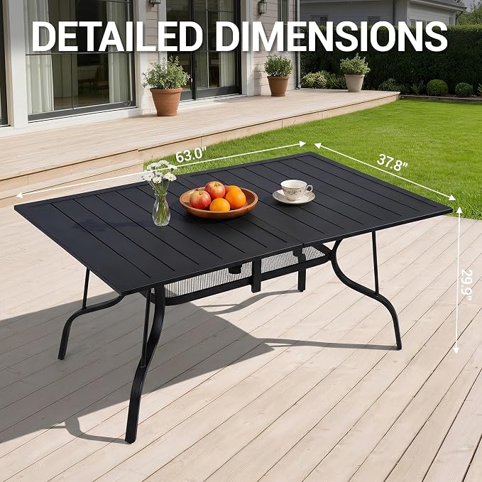 63"x38" Outdoor Dining Table for 6 Person, Metal Rectangle Patio Dining Table with Adjustable Umbrella Hole for Garden, Partitioned Storage Shelf, Backyard and Porch, Black