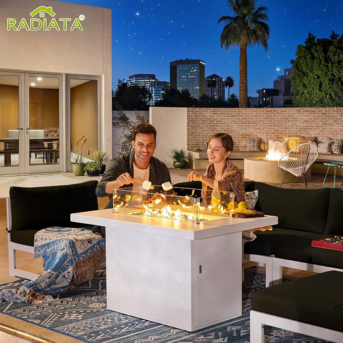 RADIATA 8 Seat Large Aluminum Patio Conversation Set with Lounge & Fire Pit Table, 29" Deep Wide Seat, High End Modular Sectional Seating, 500 lbs Heavy Duty Anti-Rust Outdoor Sofa for Poolside, Black
