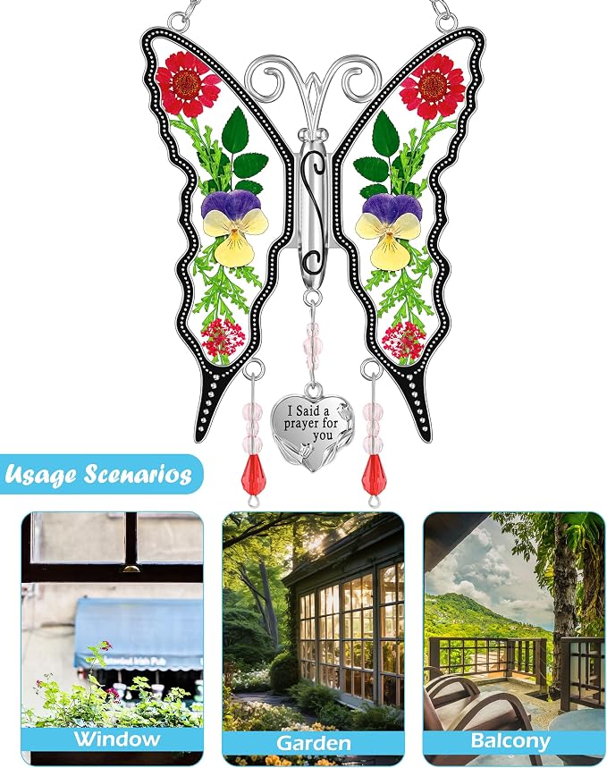 KY&BOSAM Butterfly Suncatcher for Window Hanging I Said a Prayer for You Stained Glass Catchers Real Flower Hangings Wind Chimes Home Decor Gifts for Women Mothers Day Birthday Thanksgiving Christmas