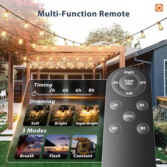 addlon 102FT(96+6) Solar String Lights Outdoor with Remote, Last 30+ Hrs | Waterproof Patio Lights with 30 Shatterproof LED Bulbs, Dimmable & Timable Solar Light for Backyard Camping Garden Decor