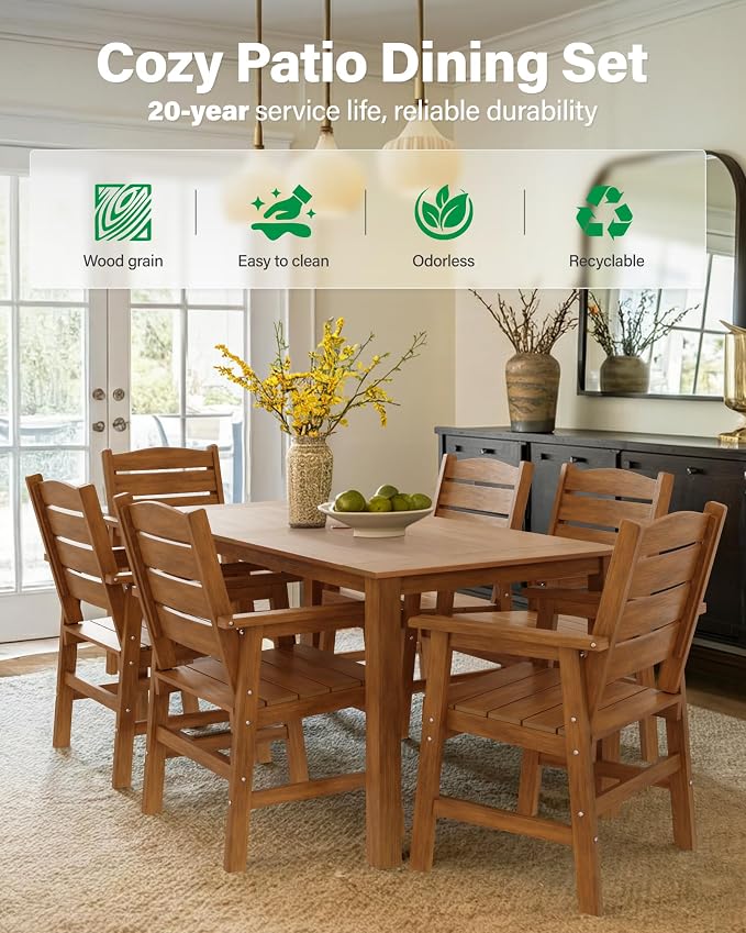 YEFU Outdoor Dining Chairs Set of 6: All-Weather Outdoor Chairs Set of 6 with Wide Seat and Armrests - Heavy-Duty Furniture Set Modern Patio Dining Chair for Outside/Deck/Pool 350lbs Capacity Teak