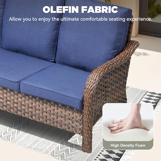 Outdoor Wicker Sofa & Coffee Table Set, 2 PCS Patio Sofa with 4" High-Resilience Cushions, Ergonomic Curved Armrests & 300lb Heavy Duty Frame for Small Spaces, Porch, Balcony, Blue