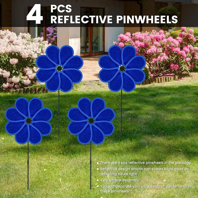 4PCS 11.4" W x 28" H Reflective Pinwheels Sparkly Lawn Wind Spinners Colorful Rainbow Windmill for Garden Decoration Bird Devices Deterrent to Scare Birds Away（Blue）