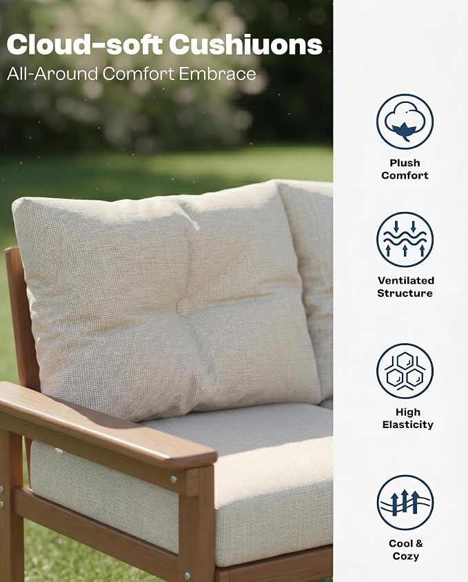 HDPE Outdoor Patio Furniture Set, 11-Piece Sectional Set with 3-Seat Sofa, 4 Armchairs & 4 Tables, All-Weather Couch with Beige Washable Cushions for Porch, Lawn (Teak Frame)