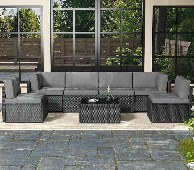 AECOJOY 7 Piece Outdoor Patio Furniture Set, Outdoor Sectional Conversation Furniture Chair with Coffee Table,Patio Sectional for Garden,Backyard(Grey Cushions and Black PE Rattan)