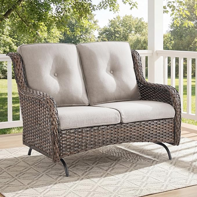 Patio Loveseat Sofa, Outdoor Wicker Loveseat with Luxury Thick Cushion, All-Weather Patio Furniture Set, Outdoor Glider Bench for Garden Balcony Backyard(Brown Wicker/Beige Cushion)