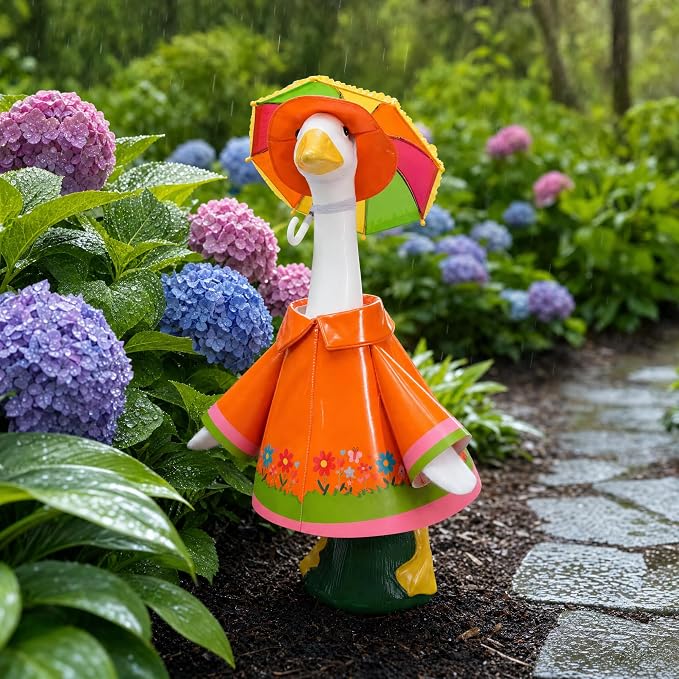 DECOHS 3 Pcs/Set Raincoat Porch Goose Outfits, Summer Lawn Goose Statue Costume with Rainbow Umbrella and Hat, Yard Geese Clothes for 23" Statue Patio Garden Decoration (Orange Flower)