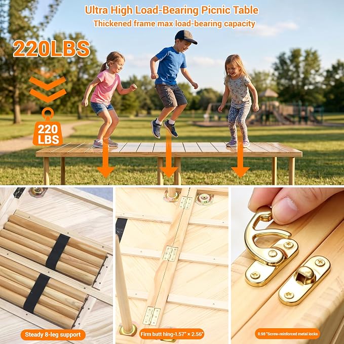 Upgraded Extra Large Low Wooden Folding Picnic Table with 8-Legs, Thick Varnished Tabletop, 80"×30" Portable Boho Beach Table with Table Runner for Yard, Camping, Outdoor Party (Vertical Stripe)