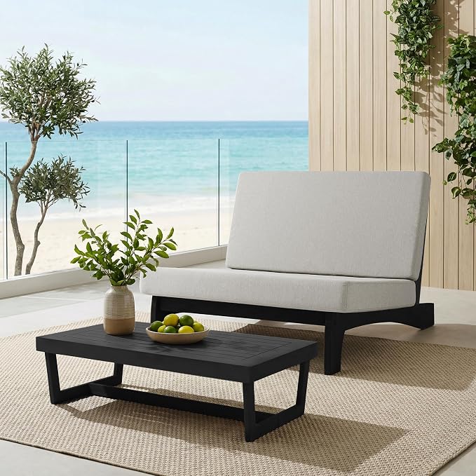 Outdoor Furniture Patio Couch, Weather Resistant Patio Loveseat Sofa Couch with Removable Cushion, Black Wood Frame for Porch & Backyard Seating - Light Camel