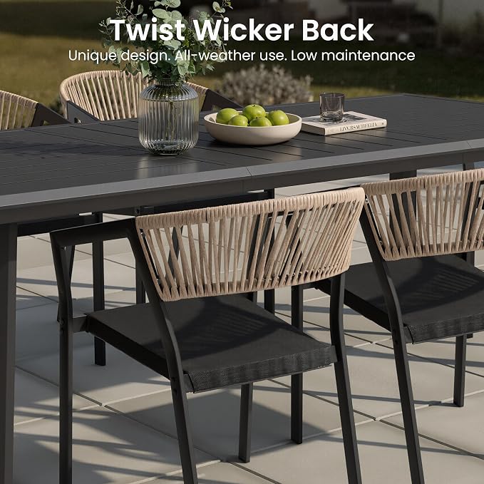 9-Piece Aluminum Patio Dining Set with 8 Stackable Wicker Chairs | 83" Rectangular Outdoor Table with Barrel Brown Chairs Weather Resistant Furniture for Backyard, Deck, Poolside