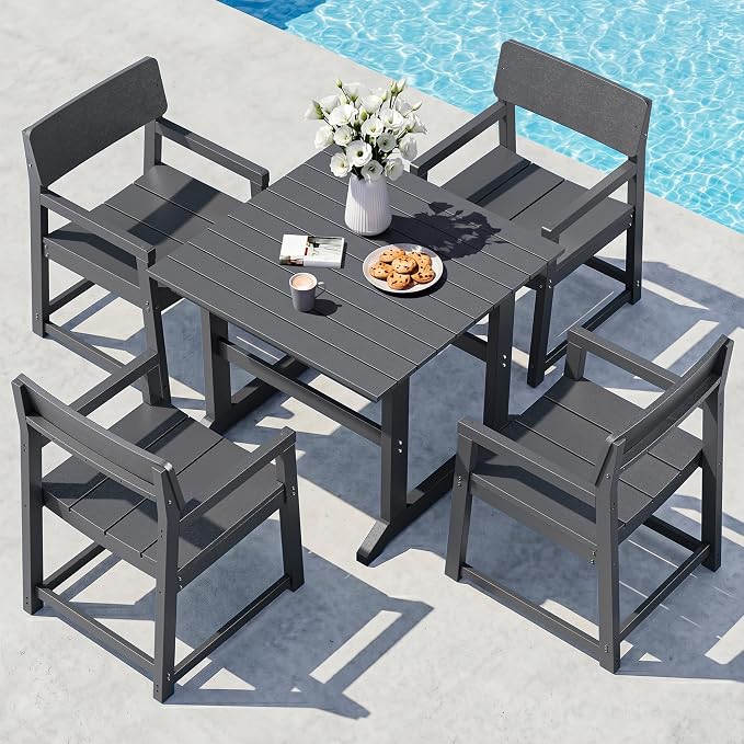 Vongrasig 5 Pieces Patio Dining Set, All Weather Outdoor HDPE Dining Furniture Set with Table and Chairs for 4, Garden Patio Furniture Set for Lawn, Backyard, Poolside, Grey