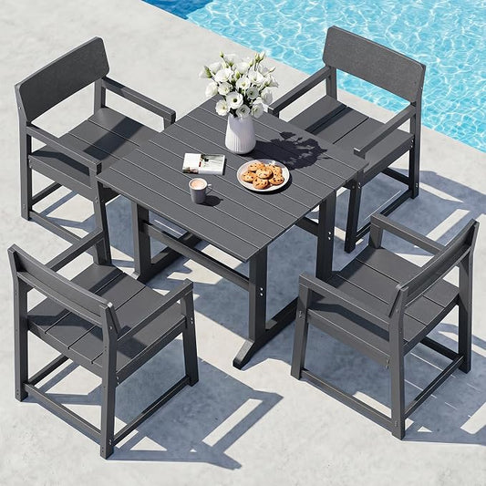 Vongrasig 5 Pieces Patio Dining Set, All Weather Outdoor HDPE Dining Furniture Set with Table and Chairs for 4, Garden Patio Furniture Set for Lawn, Backyard, Poolside, Grey