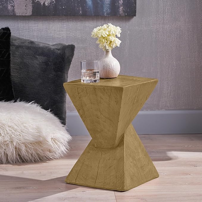 Merax Modern Concrete Side Table with Hourglass Design - Hand-Painted Wood Finish Accenttable for Indoor/Outdoor, Light Natural
