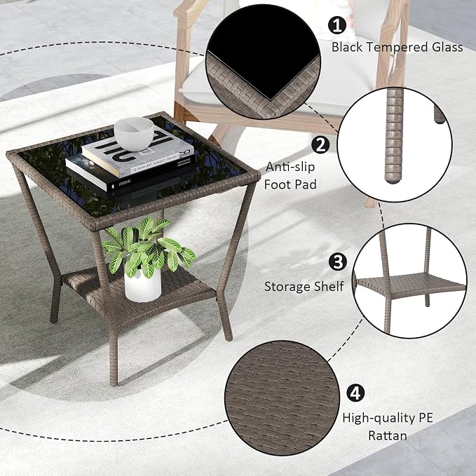 Outdoor Small Patio Table - PE Rattan Coffee Table, Wicker Side Table for Patio, Balcony & Porch, Durable & Iron Frame (1, Sesame Brown)