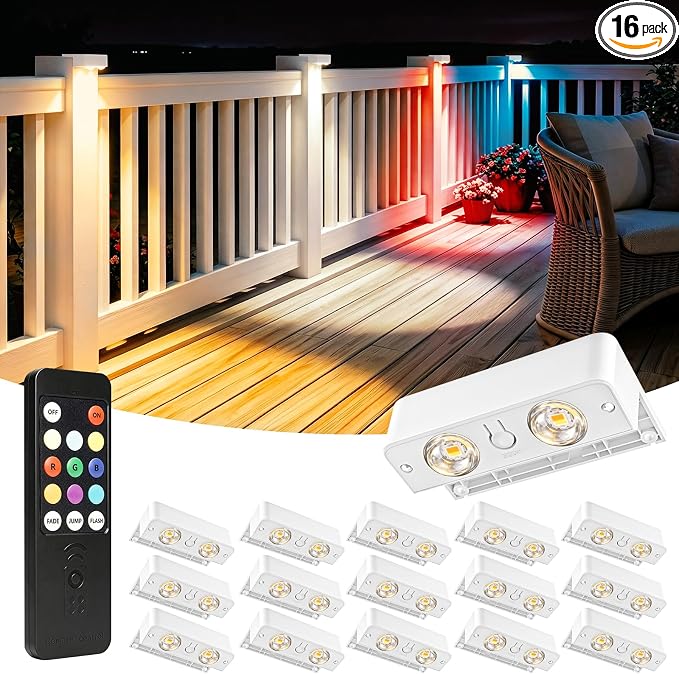 Bridika Solar Deck Lights Outdoor with Remote, L-Shaped Design, White 16 | Remote sync all lights, 9 Colors & 3 modes, LED, IP65 waterproof, Dusk to dawn, for fence/deck/patio/stairs/railing/wall