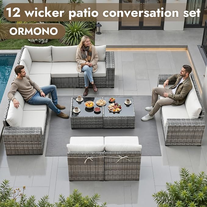 12 Pieces Patio Furniture Set, Wicker Outdoor Sectional Sofa with Coffee Table Comfy Cushions, Modern Modular Deep Seat Rattan Couch Conversation Set for Backyard Porch Yard,Beige