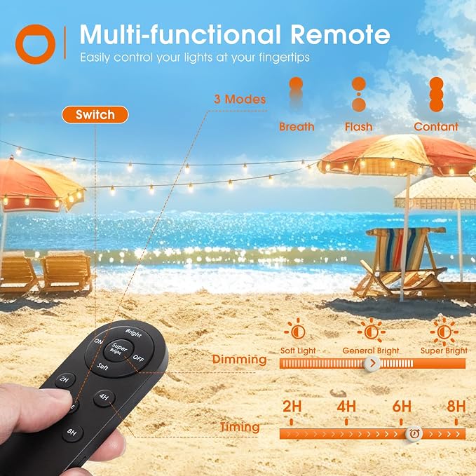addlon 100FT(2FT) Solar String Lights Outdoor, with 50 Bulbs, Last 20+ Hrs | USB Charging, IP65 Waterproof. Dimmable Timer via Remote. Memory, 3 Modes, 2700K Warm White. Easy Install for Patio, Porch.
