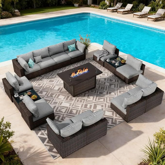 Patio Furniture Set, 15 Pieces Outdoor Sectional Patio Furniture Set with 42" Fire Pit Table, Rattan Wicker Sofa Set for Garden Backyard Deck Poolside, Grey