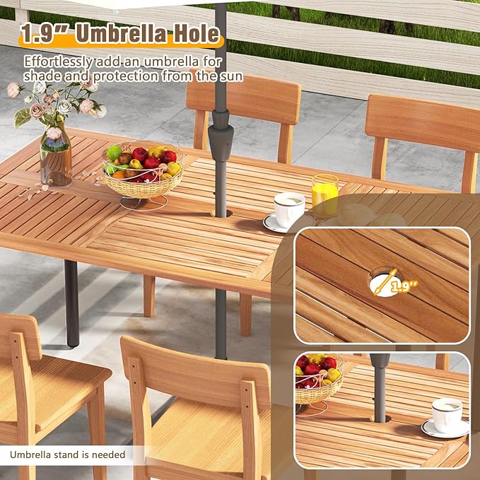Patio Dining Table for 6 Persons, Acacia Wood Dining Table with 1.9" Umbrella Hole, Slat Tabletop & Metal Frame, Outdoor Dining Table Deck Furniture for Backyard & Lawn