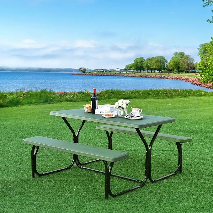 LDAILY Picnic Tables, Rectangular Picnic Table with Steel Frame, 2 Benches Set, HDPE Tabletop, Plastic Picnic Table for Outdoor, Camping, Patio, Lawn, Yard, Picnic Parties (Green)