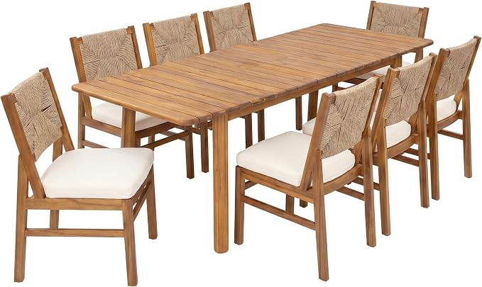 Christopher Knight Home Mave Acacia Wood Dining Table Set for 8, 9 Piece Patio Extendable Dining Table & Armless Chairs Set Of 8 with Cushion & Wicker Back, Patio Furniture Set, Cream+Light Brown+Teak