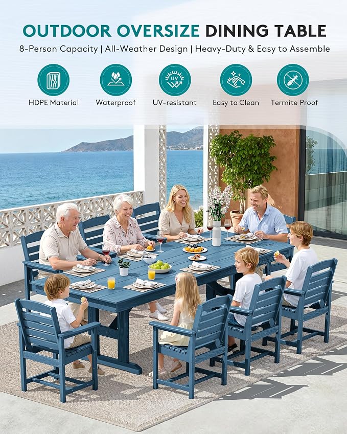 SERWALL Outdoor Dining Table, 84" Rectangular Dining Table for 6-8 Person, All Weather HDPE Outdoor Furniture for Backyard, Garden, Blue