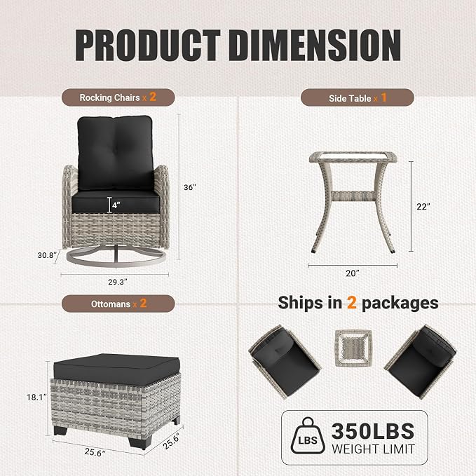 Outdoor Patio Furniture Set Patio Rocking Swivel Chair with Tempered Glass Side Table, Outdoor Wicker Rattan Bistro Set with Ottomans for Garden, Deck, and Balcony, Dark Grey
