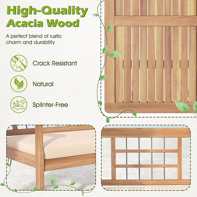 RELAX4LIFE Wood Patio Furniture Set - 4-Piece Outdoor Furniture w/Seat Cushions & Coffee Table, Loveseat Sofa Set for Balcony Porch Deck Poolside Backyard, Acacia Wood Conversation Set (Off White)