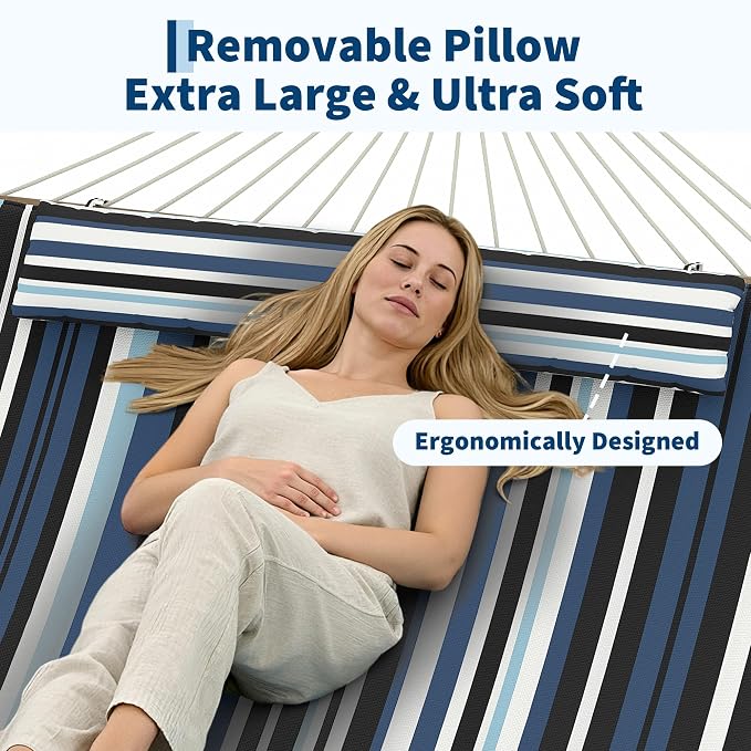 Garvee 2 Person Outdoor Hammock with Stand, Cotton Rope Hammock with Polyester Pad, Adjustable Steel Frame, 2-in-1 Hammock for Patio, Backyard, Garden, Beach（Dark and Light Blue Stripes）