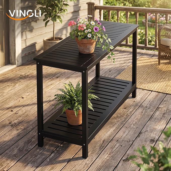 VINGLI 49in 49.21" Solid Wood Outdoor Console Table, 2-Tier Patio Buffet Bar Table, Multi-Functional Storage Sideboard for Garden, Porch, Balcony (Black)