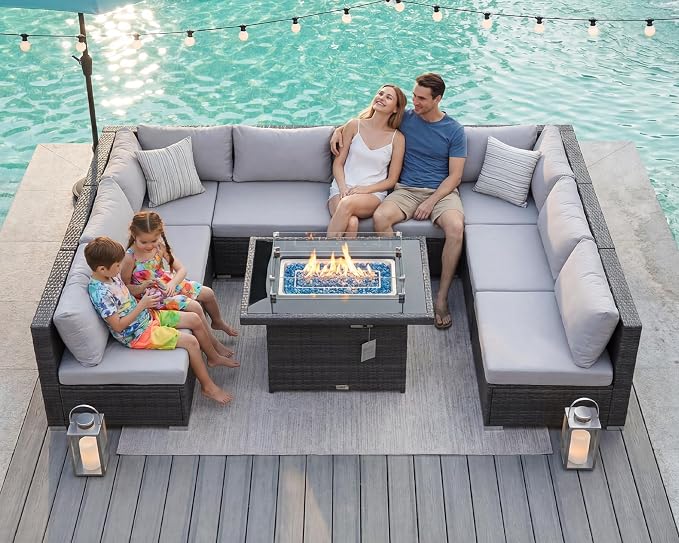 BULEXYARD 9 Pieces Highback Wicker Patio Furniture Set with Firepit, High Weight Capacity Outdoor Sectional Couch Sofa 8-Seater Modular, Plus Comfortable Wide Deep Deck Seating Group, Light Grey