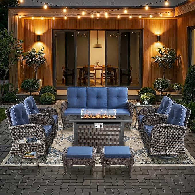 HUMMUH Patio Furniture Set -10 Piece Outdoor Furniture Set with Fire Pit Swivel Rocker Chairs for Porch,Backyard,Poolside